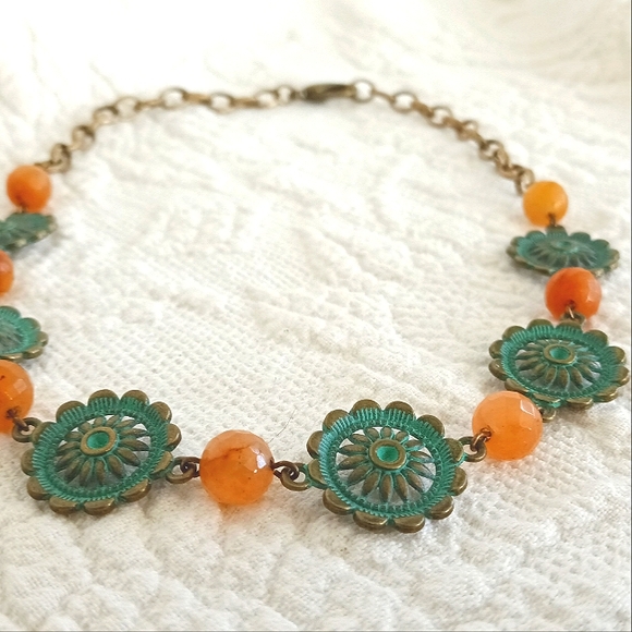 Hand Crafted Jewelry - Handcrafted Green Verdigris Medallion Necklace Orange Carnelian Gemstone Beads